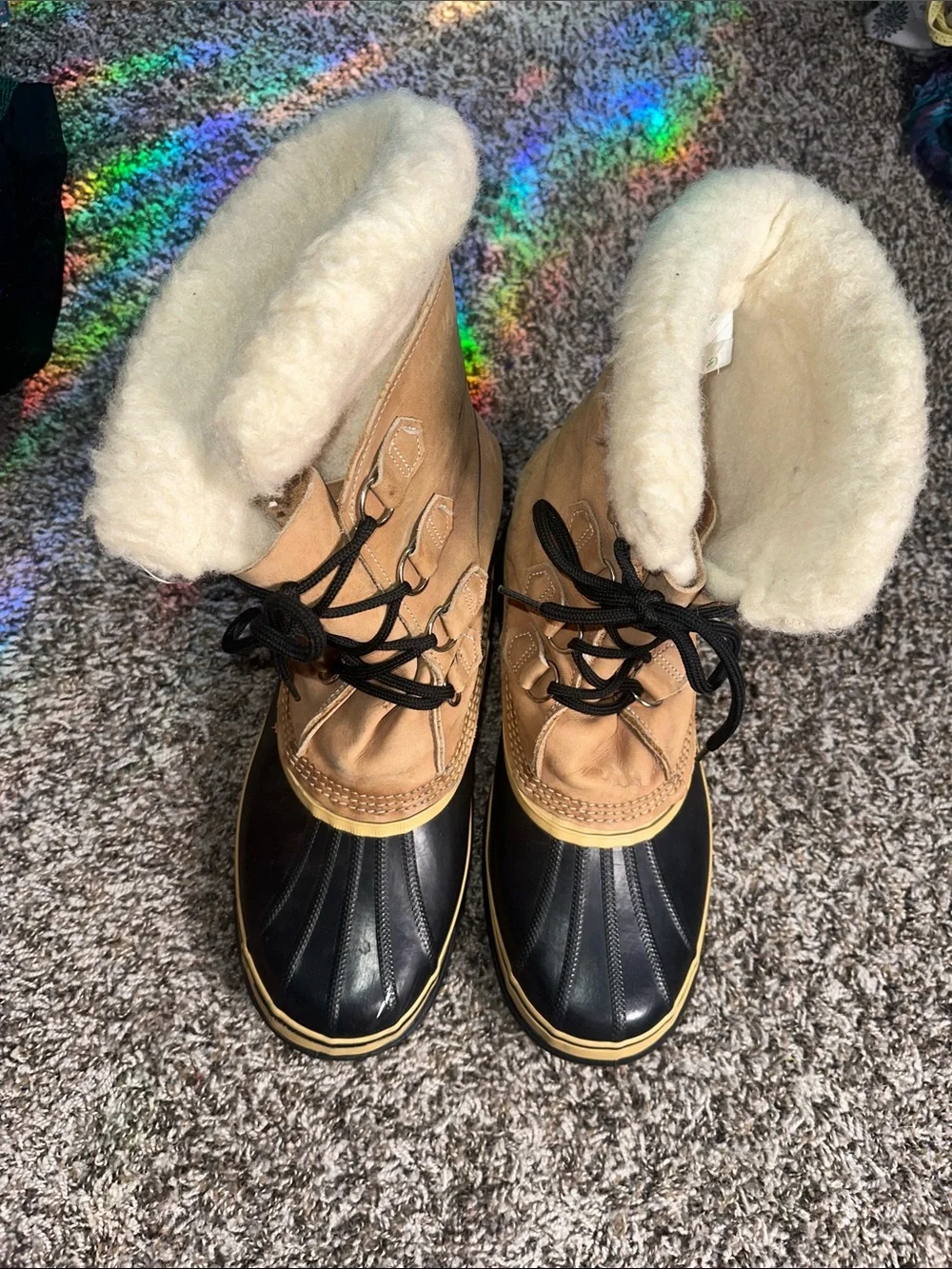 Sorel Tan and Black Shearling-Trim Caribou Boots
